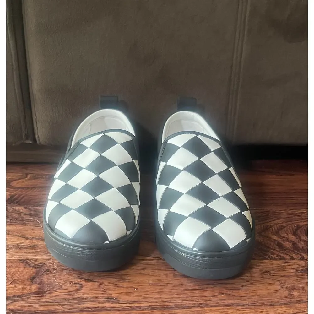 $1095 NIB Bottega Veneta Woven Leather Slip-On Sneakers Black White Men's 10(43)